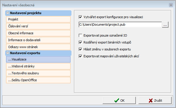 Po nastavení požadavku na vyexportování všech proměnných je nutné zvolit vhodné nastavení způsobu exportování a také vybrat cestu, kam se soubor *.pub uloží. Toto se provádí v Nastavení.