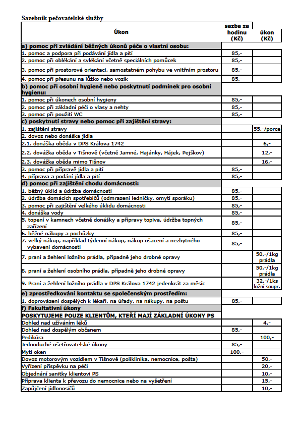 Sazebník pečovatelské služby k 1.6.