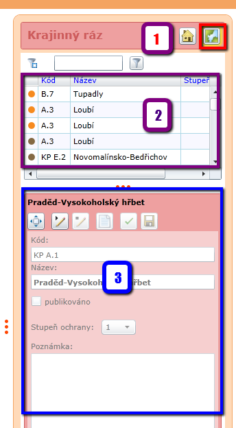 1.5 Vyplění informací o místě krajinného rázu Ovládání tohoto modulu je téměř identické s postupy při vyplňování míst a sídel viz předchozí část tohoto manuálu.