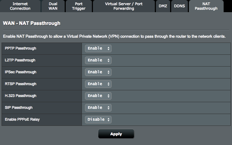 4.3.8 NAT Passthrough (Průchod NAT) Funkce NAT Passthrough (Průchod NAT) umožňuje připojení VPN (Virtual Private Network) procházet směrovačem k síťovým klientům.