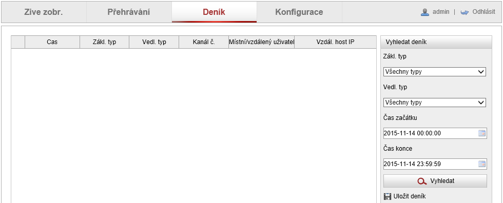 Chapter 10 Vyhledávání protokolů Účel: Ovládání, alarmy, výjimky a informace o kameře mohou být ukládány do souborů protokolu. Soubory protokoly můžete také dle potřeby exportovat.