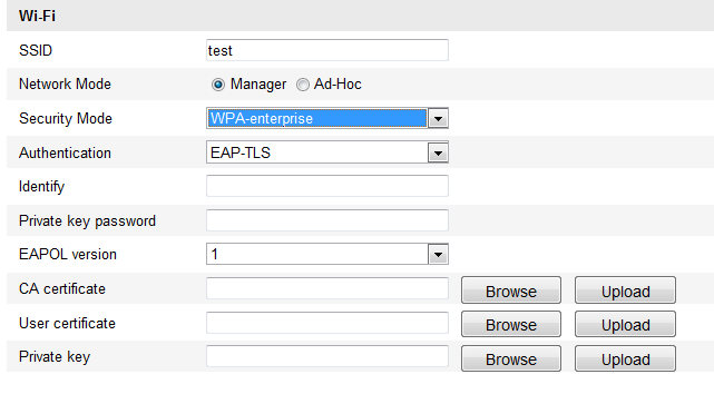 Figure 3-9 EAP-TLS Identity (Identita) zadejte ID uživatele, které bude předloženo síti. Private key password (Heslo privátního klíče) zadejte heslo pro vaše ID uživatele.