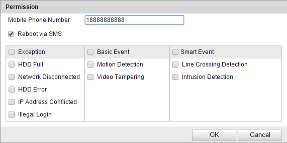 Figure 5-18 Nastavení SMS alarmu 3) Zadejte telefonní číslo pro seznam povolených, zaškrtněte políčko Reboot via SMS (Restartovat přes SMS), vyberte alarm pro zasílané zprávy SMS a klikněte na