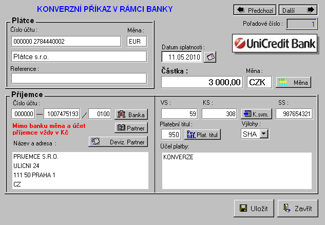 obr. 8 Konverzní příkaz v rámci banky (převod prostředků v měně Kč do