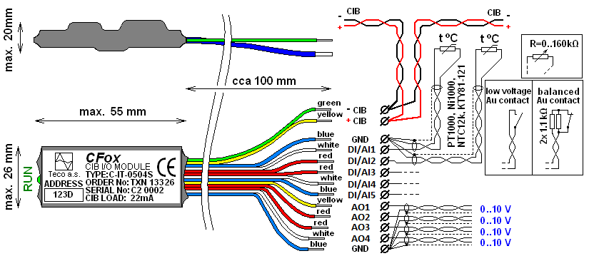 14.1.22 C-IT-0504S Modul C-IT-0504S (obj. č.: TXN 133 26) je určen pro připojení analogových nebo binárních signálů a analogových výstupů 0 10 V přímo na elektroinstalační sběrnici CIB.