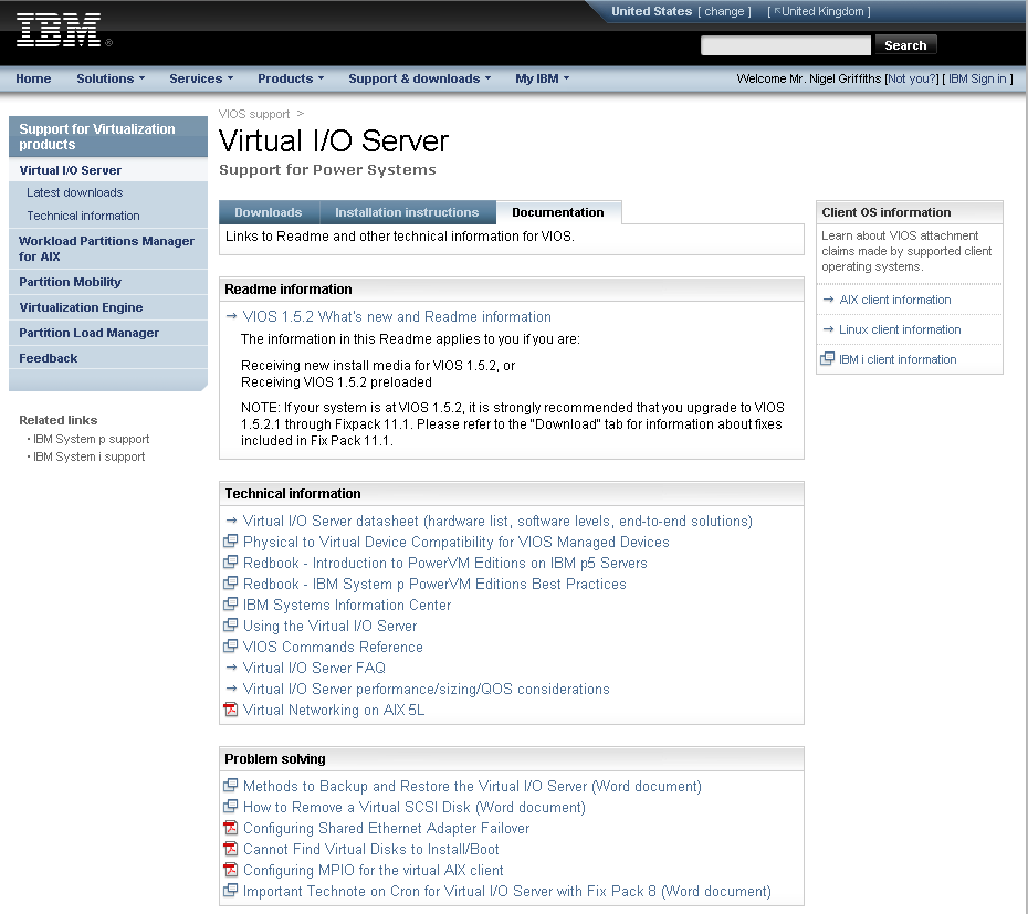 Virtual I/O Server Home Website Download Latest Readme Master Datasheet Red Books Online Manual & Command Ref.