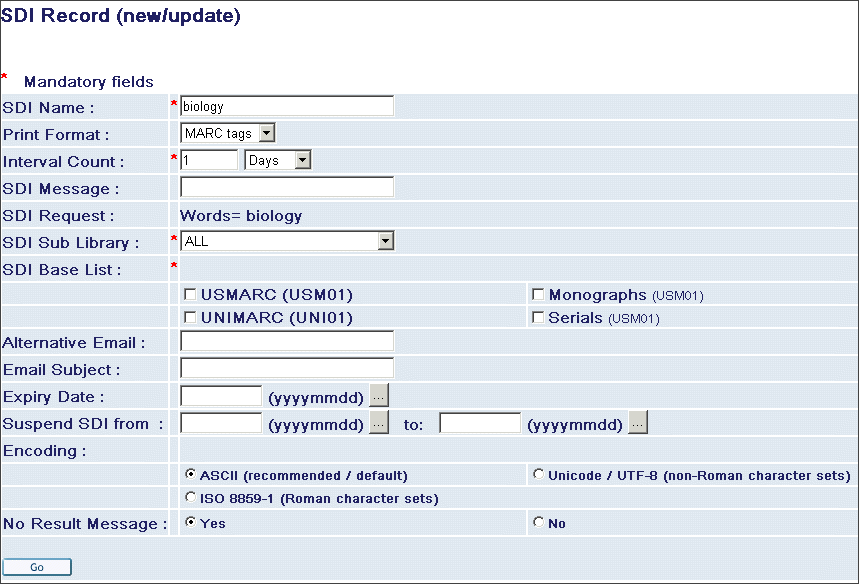 přidány od posledního běhu zmíněné služby. Výsledek si může uživatel nechat poslat elektronickou poštou. Formát zasílaných záznamů je definován v profilu uživatele.