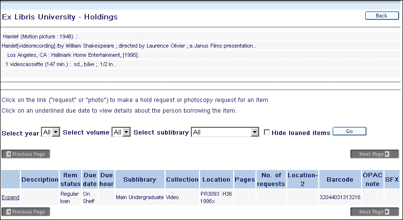 Zobrazí se okno Knihovních jednotek s údaji pro čtenářem zvolené jednotky (viz příklad dole).