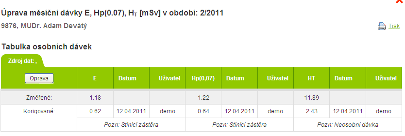 Nástroj pro úpravu (korekci) naměřených hodnot Korigované hodnoty se