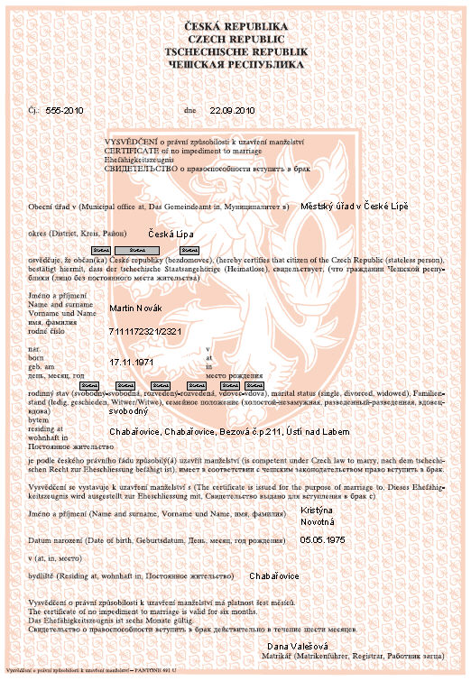 Evidence související s uzavřením manželství 79 Vysvědčení o právní způsobilosti ke vstupu do registrovaného partnerství Vysvědčení vydá na žádost státního občana České republiky nebo na žádost osoby