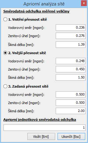 7.7.8 [Apriorní analýza sítě] Zobrazuje formulář s volbou vnitřní, vnější či uživatelem zadávané přesnosti sítě (lze zadávat zde či v nastavení [Vyrovnání sítě ], kap. 7.1.6.6).