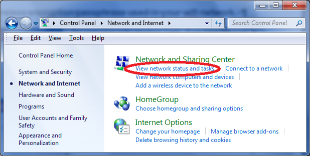 2. Klepněte na View network status and tasks (Zobrazit úlohy a stav sítě) pod záhlavím Network and Sharing Center (Centrum síťových připojení a sdílení). 3.