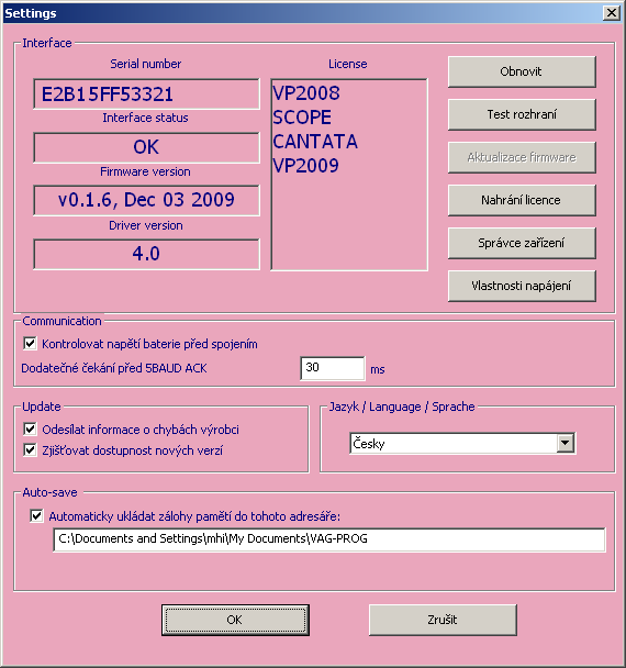 6. Nastavení programu Dialog nastavení aplikace lze zvolit z hlavního menu stiskem tlačítka Nastavení. Je-li připojeno Micro-OBD rozhraní, jsou automaticky načteny dostupné licence a číslo kabelu. 6.