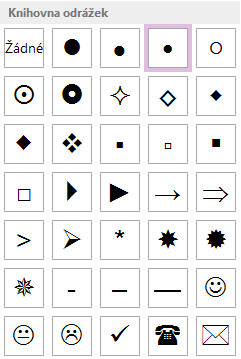 Kapitola 2: Karta Domů 12 Odrážku můžeme změnit výběrem stylu odrážky z ikony nabídky tlačítka Odrážky, nabízí se 34 stylů odrážek viz obr. 2-2. OBR. 2-2: NABÍDKA ODRÁŽEK Číslování 2.1.2 Číslování Na dalším řádku opět snížíme odsazení a zapíšeme text Průběh.