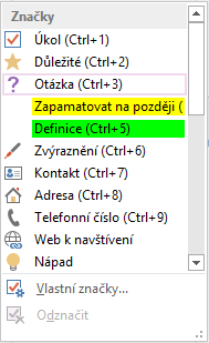 Kapitola 2: Karta Domů 15 OBR. 2-6: STRÁNKA ODKAZY Nyní doplníme značky. Klikneme do řádku www.ecdl.cz a na kartě DOMŮ ve skupině ZNAČKY klikneme do tlačítka Více v poli Označit tuto poznámku.