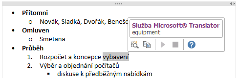 Kapitola 6: Karta Revize 47 OBR. 6-3: MINIPŘEKLADAČ Zvolit jazyk překladu Jazyk Ochrana oddílu heslem Třetí volbou je možnost Zvolit jazyk překladu, kde zvolíme jazyk pro minipřekladač, např.