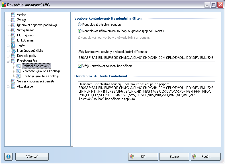 9.10.1. Pokročilé nastavení V dialogu Soubory kontrolované Rezidentním štítem máte možnost nastavení kontroly souborů a dokumentů vybraných typů (konkrétních přípon): Rozhodněte, zda chcete