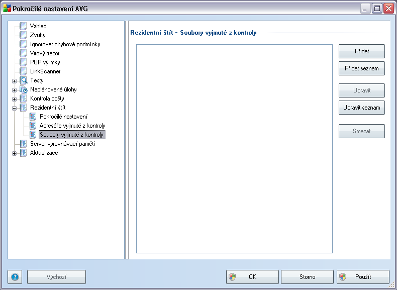 9.10.3. Soubory vyjmuté z kontroly Dialog Rezidentní štít - soubory vyňaté z kontroly nabízí možnost definovat samostatné soubory, které mají být z testování Rezidentním štítem vypuštěny.