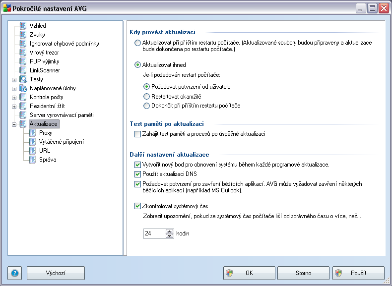 9.12. Aktualizace Položka navigace Aktualizace otevírá dialog, v němž můžete specifikovat obecné parametry související s aktualizací AVG: Kdy provést aktualizaci V této sekci se nabízí volba