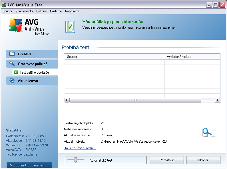Zobrazit virový trezor - v novém okně otevře Virový trezor - karanténní prostor pro uložení detekovaných infekcí 10.2. Přednastavené testy Jednou z hlavních funkcí AVG 9 Free je testování na vyžádání.