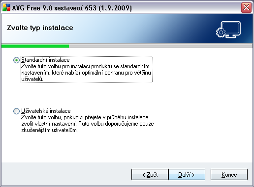 4.5. Zvolte typ instalace Dialog Zvolte typ instalace vám dává na výběr mezi standardní a uživatelskou instalací.