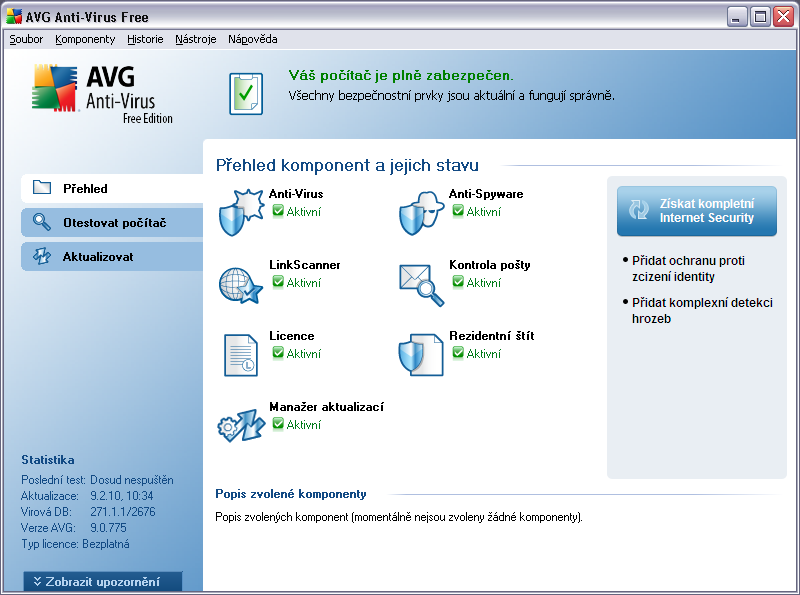 6. Uživatelské rozhraní AVG AVG 9 Free se otevře v tomto rozhraní: Hlavní okno je rozděleno do několika sekcí: Systémové menu (navigace Windows zobrazená zcela nahoře) je standardní navigací, která