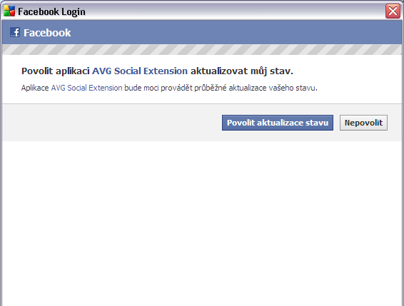 vytvořit prostřednictvím odkazu Zaregistrovat se na Facebook: Následně přejdete do dialogu Přihlášení k Facebooku/Facebook, kde budete vyzváni k povolení aplikace AVG Social Extension.