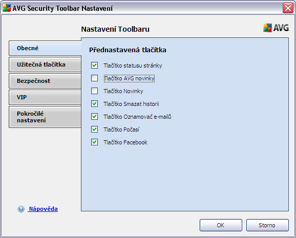 8.2.1. Záložka Obecné Na této záložce máte možnost označit, která ovládací tlačítka mají být v panelu AVG Security Toolbar zobrazena nebo naopak skryta.