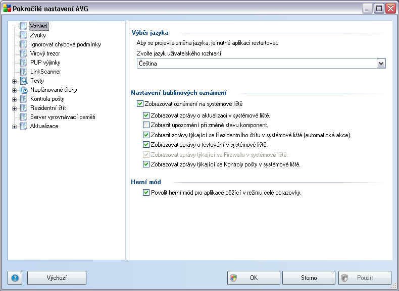 9. Pokročilé nastavení AVG Dialog pro pokročilou editaci nastaveni programu AVG 9 Free se otevírá v novém okně Pokročilé nastavení AVG.