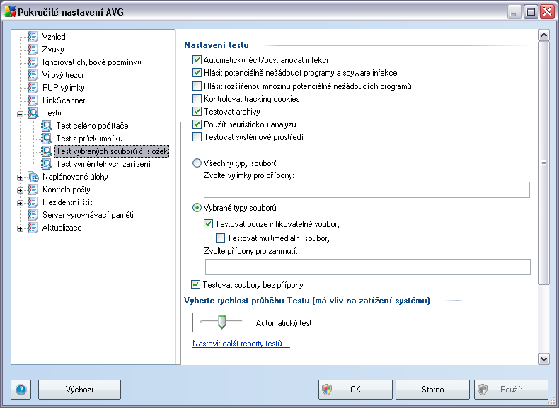 Veškeré parametry nastavené v tomto konfiguračním dialogu se vztahují pouze na ty oblasti vašeho počítače, které jste vybrali pro testování v rámci Testu