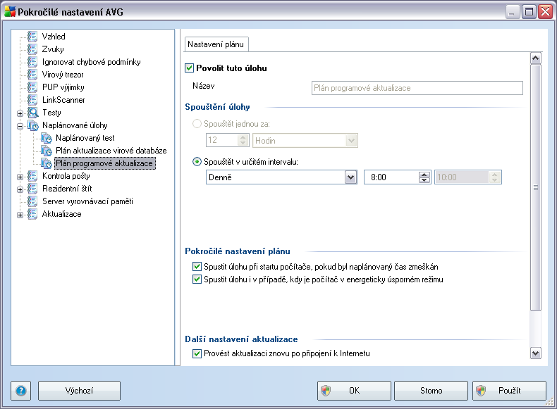 Pokročilé nastavení plánu Tato sekce umožňuje definovat podmínky, kdy má či nemá být aktualizace virové databáze spuštěna, jestliže je počítač v úsporném režimu nebo zcela vypnutý a naplánovaný čas