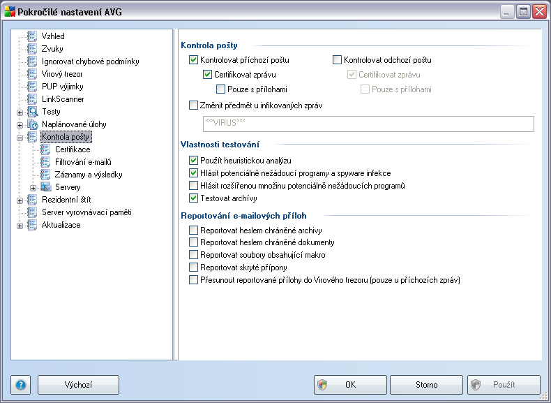 9.9. Kontrola pošty Dialog Kontrola pošty je rozdělen do tří sekcí: Kontrola pošty - v této sekci zvolte, zda chcete kontrolovat příchozí/odchozí poštu a zda má být pošta certifikována vždy nebo jen