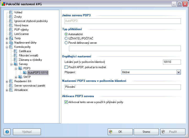 V tomto dialogu (odkaz Servery / POP3) nastavujete server Kontroly pošty s protokolem POP3 pro příchozí poštu: Jméno serveru - zvolte jméno serveru nebo ponechejte přednastavený název AutoPOP3 Typ