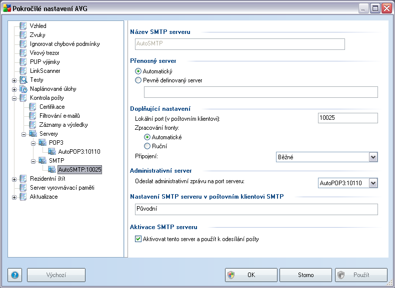 V tomto dialogu (odkaz Servery / SMTP) nastavujete server Kontroly pošty s protokolem SMTP pro odchozí poštu: Název SMTP serveru - zvolte jméno serveru nebo ponechejte přednastavený název AutoSMTP