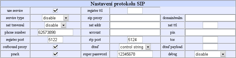 Nastavení protokolu SIP 1. use service: Zaškrtněte nebo odškrtněte toto políčko pro aktivování nebo deaktivování služby. Při použitém protokolu SIP služba odpovídá SIP proxy serveru.