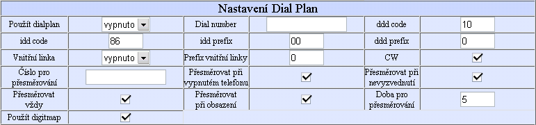 Nastavení Dial Plan 1. Použít dial plan: Nastavení pravidel volby. disable: Nepoužívat plán pro vytáčení ani číslo pro vytáčení. enable: Používat plán pro vytáčení.