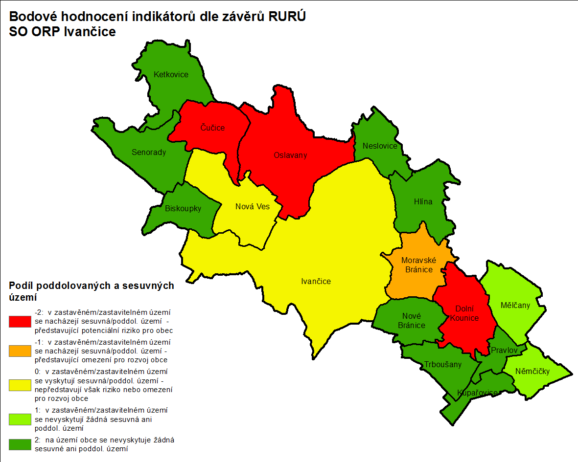 Obrázek č. 3.1.1: Indikátor geologických rizik - sesuvná a poddolovaná území v SO ORP Ivančice Zdroj: EKOTOXA, 2014 3.1.2 SWOT analýza SILNÉ STRÁNKY Nízký výskyt sesuvných území malé omezení pro rozvoj obcí.