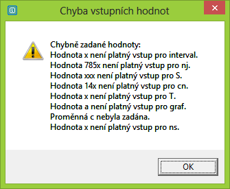 Program Strana 63 Po zpracování všech hodnot je vytvořeno informační okno k titulkem Chyba vstupních hodnot a s vytvořeným textem.