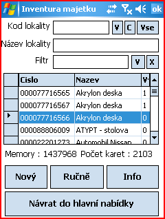 Inventura majetku probíhá inicializace snímače čárového kódu a načtení dat (pokud se objeví nějaké chybové hlášení, je chybně provedena instalace SW, například není nainstalováno DLL od symbolu)