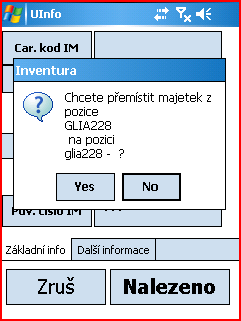 Hlášení terminálu o přeřazení majetku z lokace XXX do vybrané lokace uživatelem Zjednodušený popis inventarizace = inventuru provádíte aktivací - rozsvícením snímače čárového kódu /žluté tlačítko na