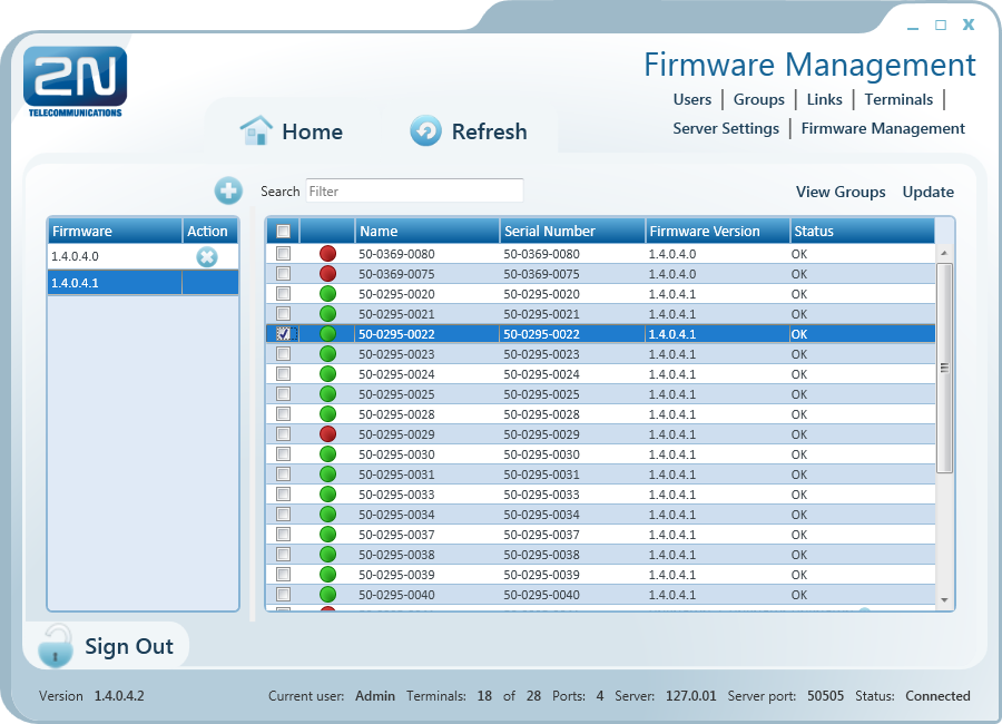 Použití 2N SmartCOM Control Panel 7.3 Firmware Management Obrázek 7.18 Menu Firmware Management Menu Firmware Management pro update firmwaru 2N SmartCOM Terminálů pomocí 2N SmartCOM Serveru.