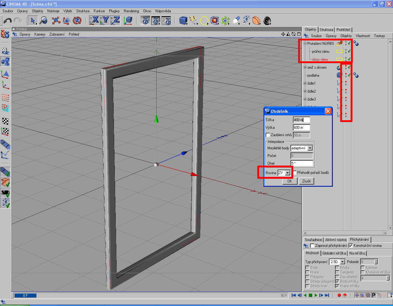 Okno Při modelování rámu okna použijte proceduru Protažení NURBS (Objekty NURBS Protažení NURBS).