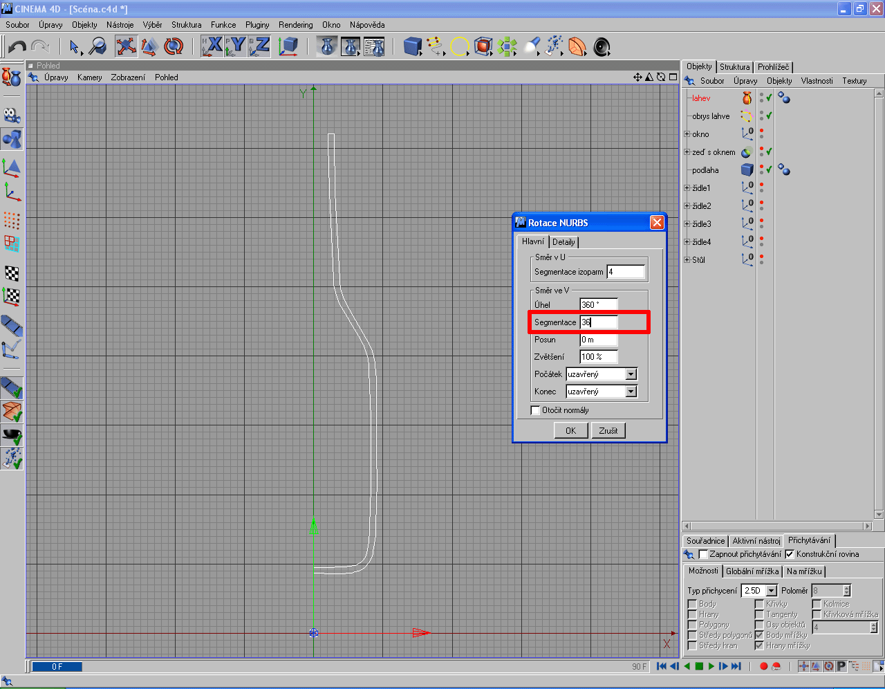 Pro rotaci můžete nastavit velikost Segmentace (zde 36), čím