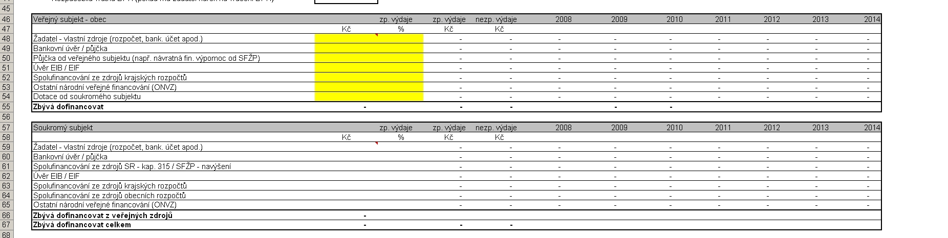 Nezpůsobilá DPH (pokud má Žadatel nárok na vrácení DPH) (Kč) [buňka H44]: Celkové investiční náklady projektu musí být stanoveny vždy s DPH, a to i pro projekty, kde Žadatel je plátcem DPH (tzn.