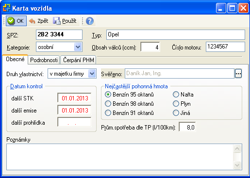 Načte se V{m karta vozidla, kde můžete vyplnit SPZ, kategorii, typ, obsah v{lců, druh vlastnictví, datum kontrol, pohonné hmoty, spotřebu a komu je vozidlo svěřeno. Potvrdíte OK.