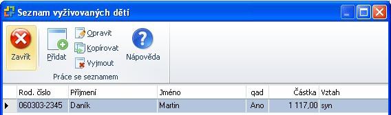 Na kartě vyživovaného dítěte vyplníte příjmení, jméno, pohlaví, datum narození, rodné číslo, č{stku slevy na dani, způsob odpočtu a vztah