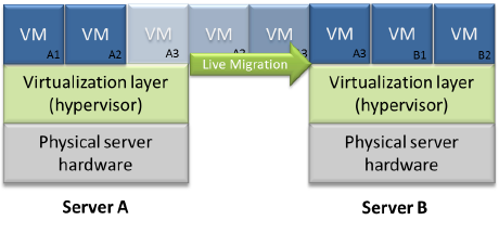 Další zmiňovaná technologie, tedy ţivá migrace, neboli live migration (LM) je technologie umoţňující přesun jednotlivých virtuálních strojů napříč různými fyzickými servery.
