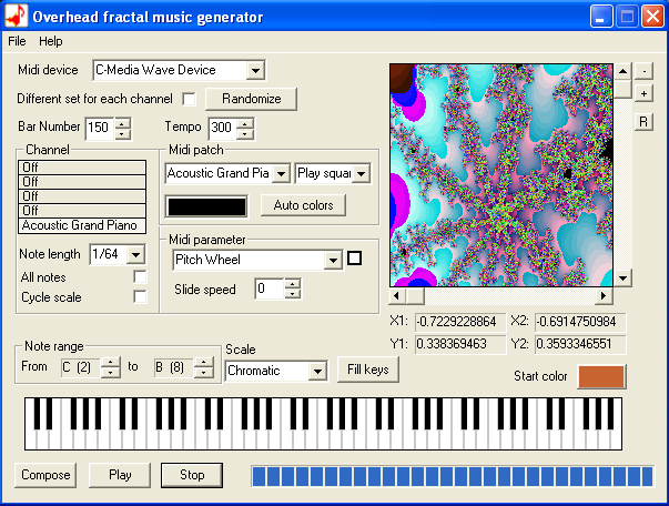 Programy transformující fraktály Obsáhlý seznam těchto programů lze nalézt např. na stránce [24]. Fractal Music Generator Obr. 3: Program Fractal music generator.