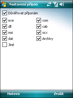 5.4 Nastavení přípon V nabídce Menu > Nastavení > Přípony lze nastavit kontrolu konkrétních typů souborů (exe, dll, atd.).
