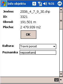 Měření nových objektů Pokud se jedná o body, které mají definované databázové atributy a o liniové nebo plošné objekty objeví se po potvrzení objektu (u bodu při změření nové polohy, u linií a ploch